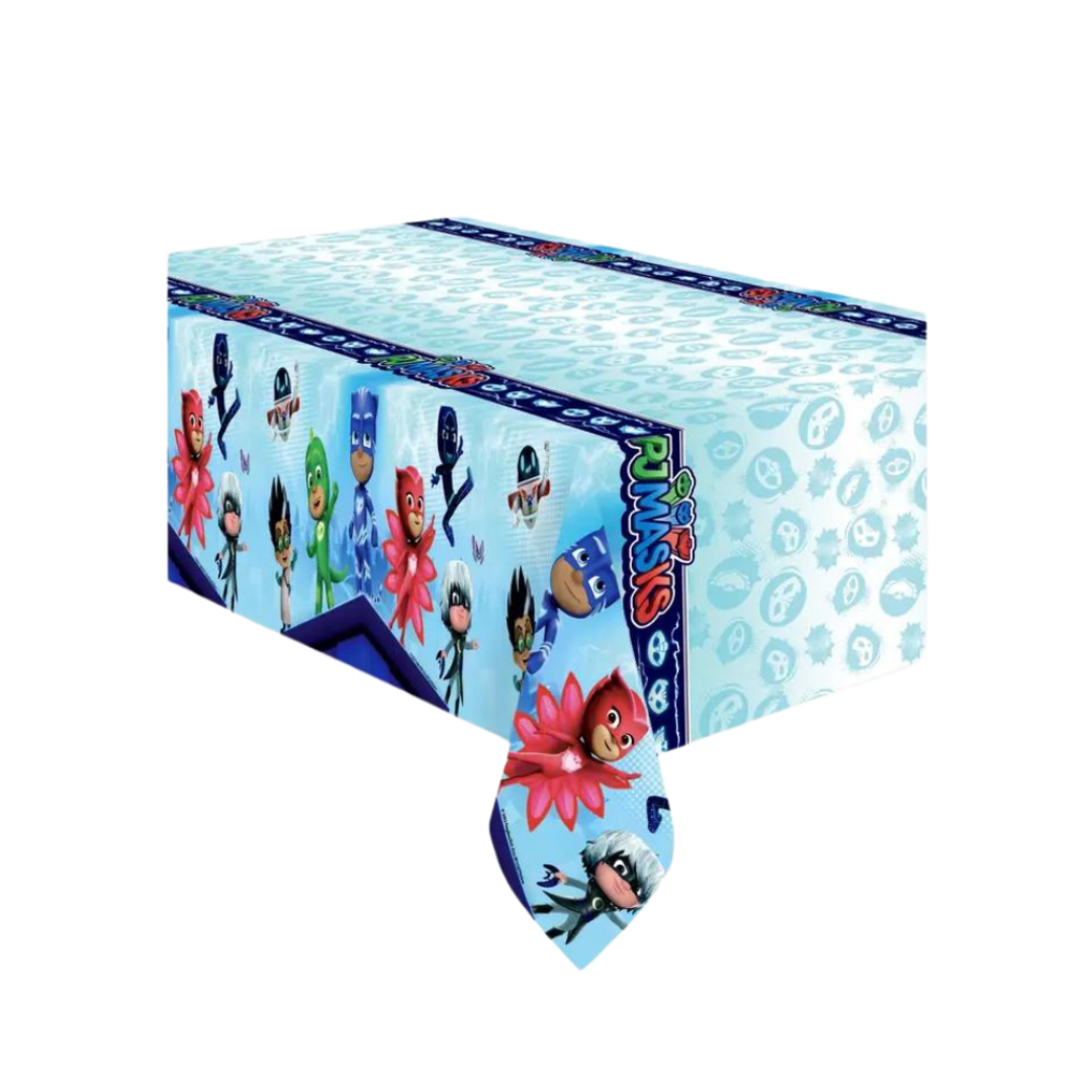Blue PJ Masks table cover with cartoon characters birthday theme from Parte Haus party supply store in Bethesda Maryland