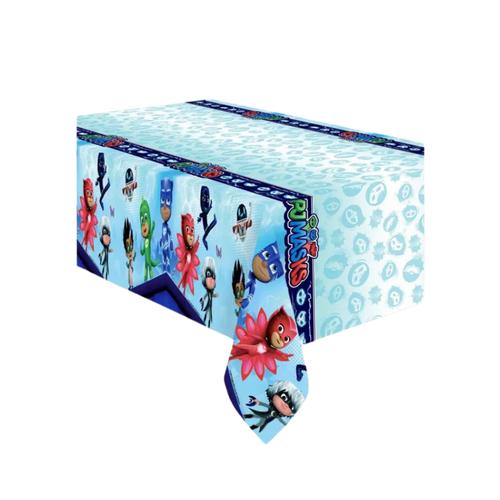 Blue PJ Masks table cover with cartoon characters birthday theme from Parte Haus party supply store in Bethesda Maryland
