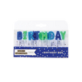 Blue and green birthday letter candles in packaging birthday boy theme from Parte Haus party supply store in Bethesda MD