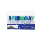 Blue and green birthday letter candles in packaging birthday boy theme from Parte Haus party supply store in Bethesda MD
