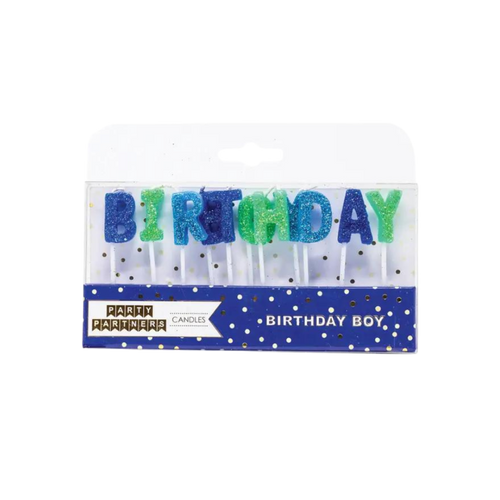 Blue and green birthday letter candles in packaging birthday boy theme from Parte Haus party supply store in Bethesda MD