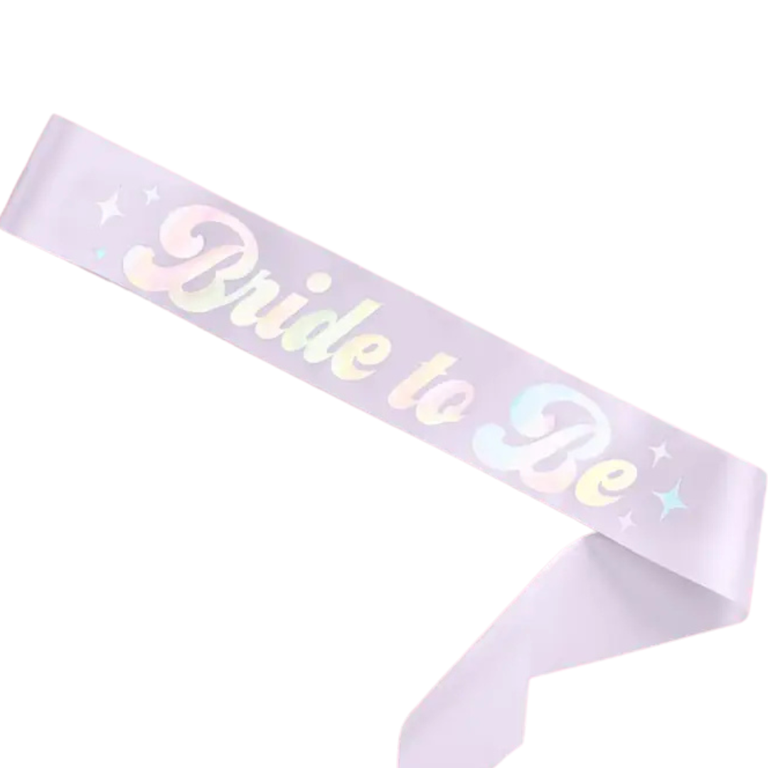Iridescent white Bride to Be sash for bridal shower from Parte Haus party supply store in Bethesda Maryland
