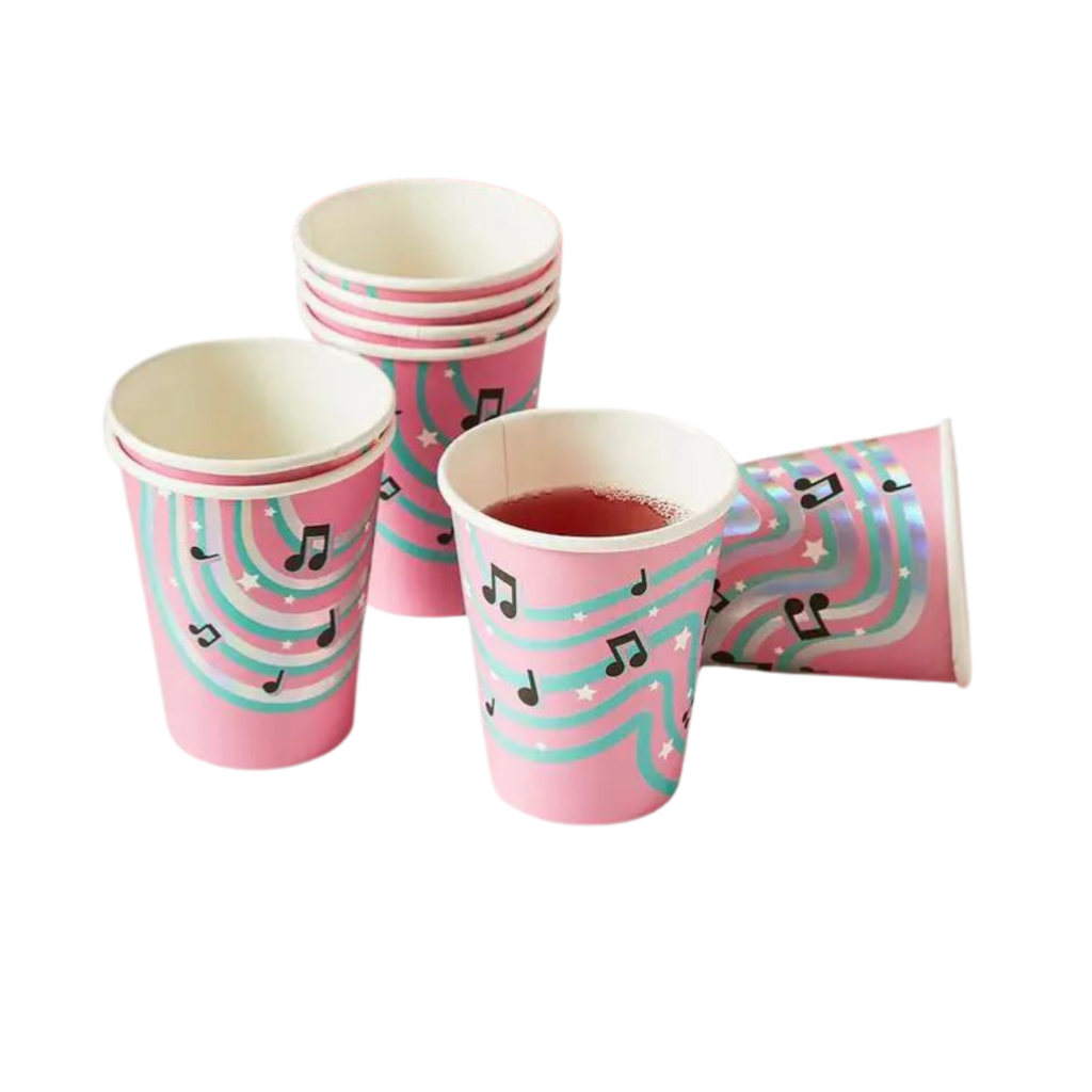 Pink music note paper cups with rainbow stripes for birthday from Parte Haus party supply store in Bethesda MD