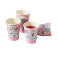 Pink music note paper cups with rainbow stripes for birthday from Parte Haus party supply store in Bethesda MD