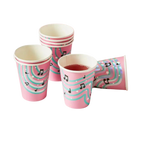 Pink music note paper cups with rainbow stripes for birthday from Parte Haus party supply store in Bethesda MD