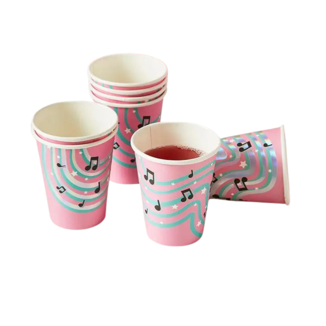 Pink music note paper cups with rainbow stripes for birthday from Parte Haus party supply store in Bethesda MD