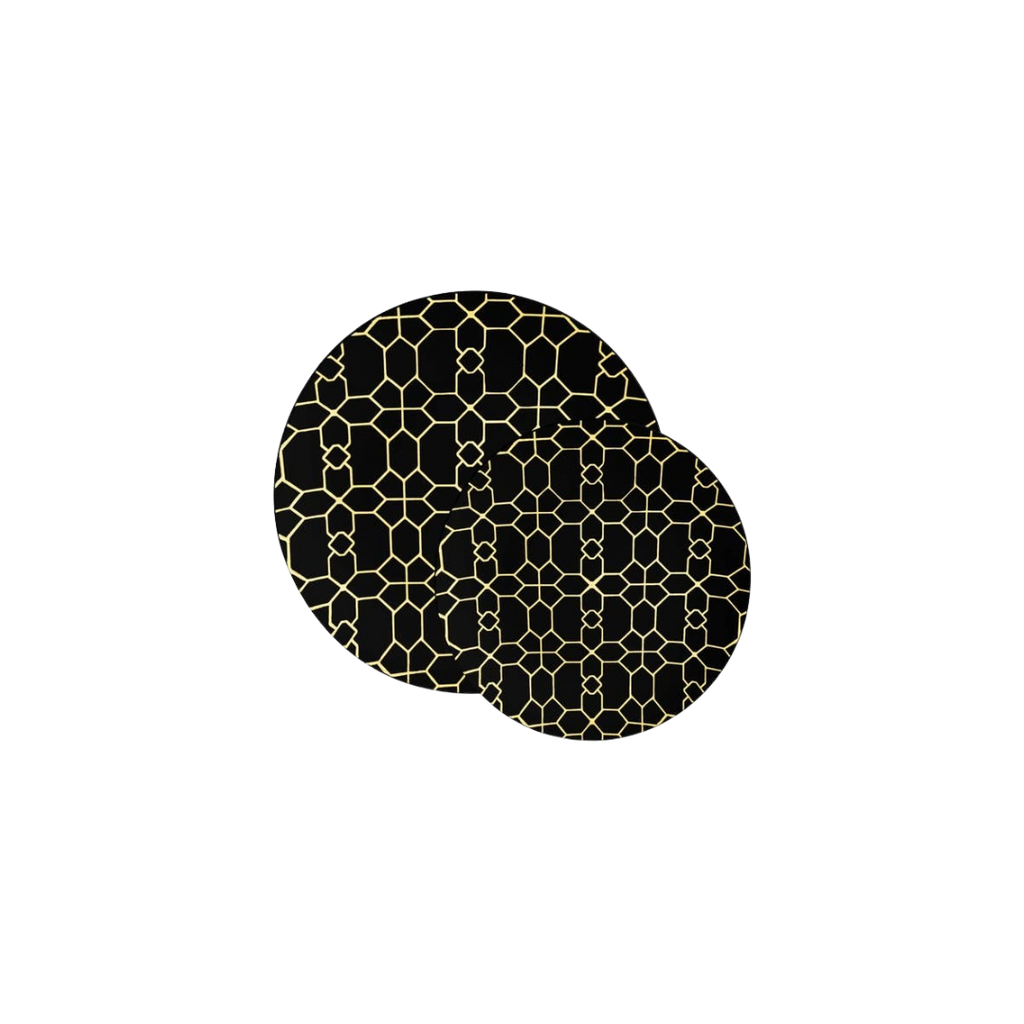 black and gold geometric round plates elegant dinnerware from Parte Haus party supply store in Bethesda MD