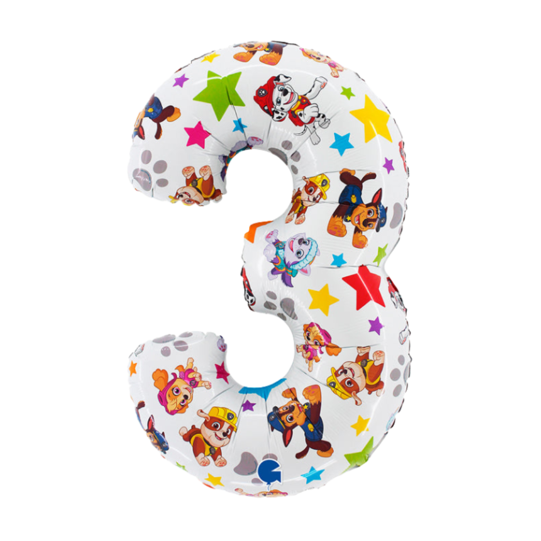 White number three balloon with colorful cartoon dog characters for kids birthday from Parte Haus party supply store in Bethesda MD