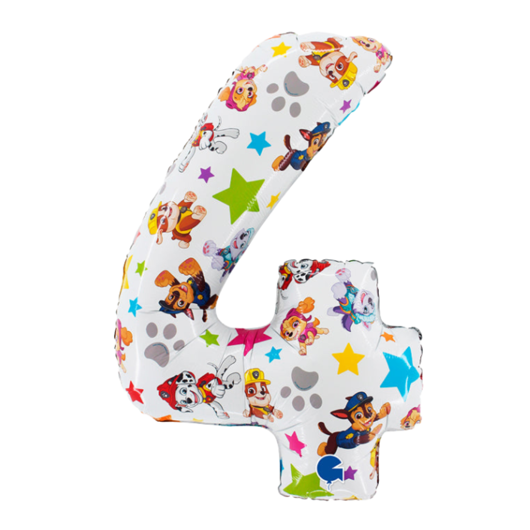 Colorful number four balloon with cartoon characters for kids birthday from Parte Haus party supply store in Bethesda MD