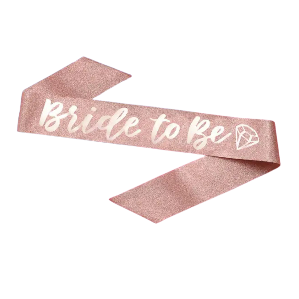 Rose gold Bride to Be sash with diamond print for bachelorette from Parte Haus party supply store in Bethesda MD