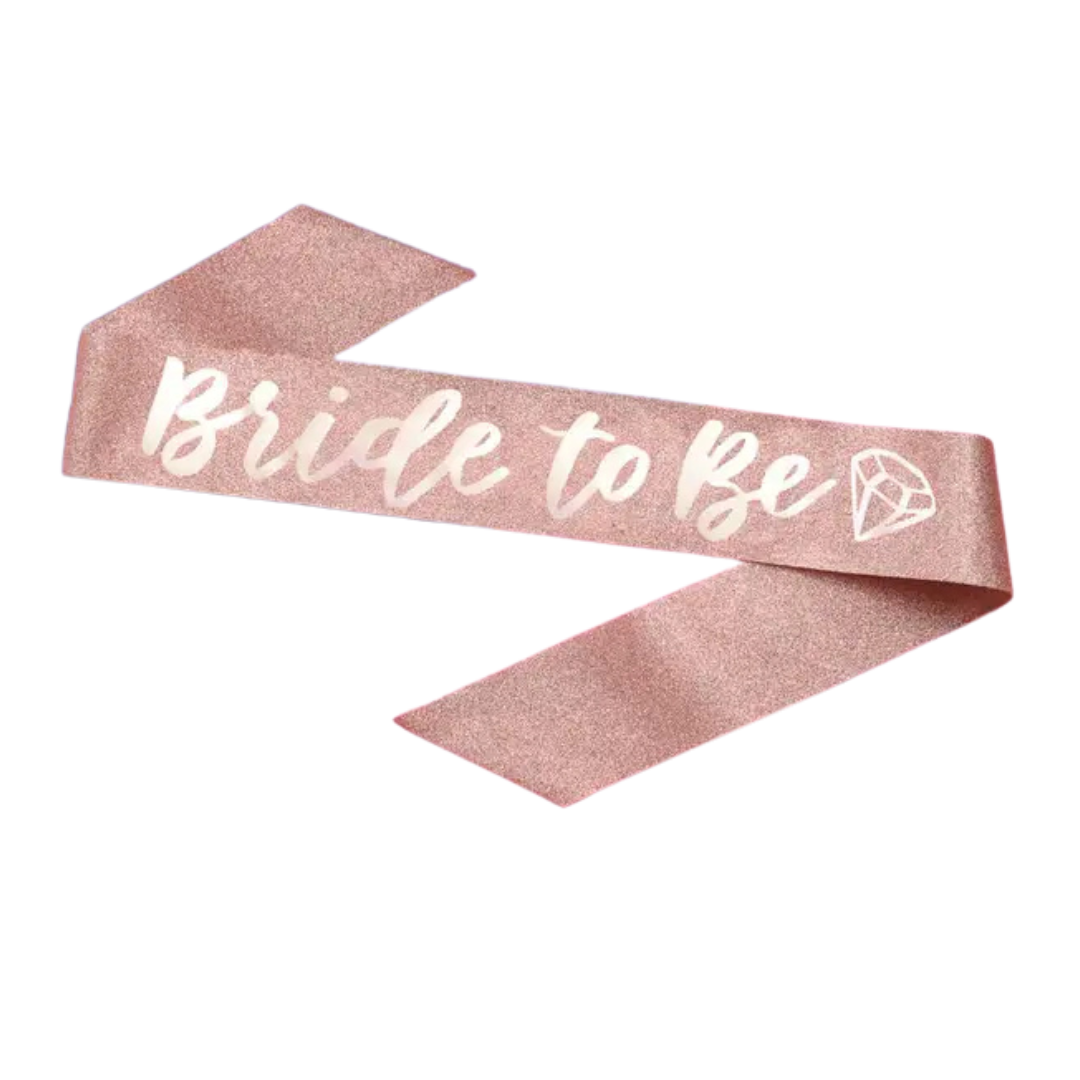 Rose gold Bride to Be sash with diamond print for bachelorette from Parte Haus party supply store in Bethesda MD