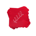 Red cocktail napkin with scalloped edges and fa la la la la script Christmas from Parte Haus party supply store in Bethesda Maryland