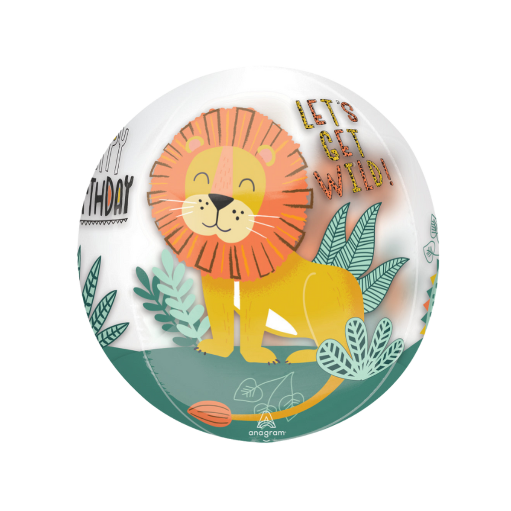Yellow lion birthday balloon with jungle leaves safari theme from Parte Haus party supply store in Bethesda Maryland