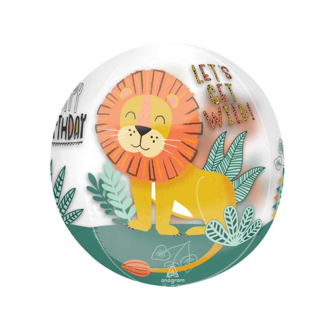 Yellow lion birthday balloon with jungle leaves safari theme from Parte Haus party supply store in Bethesda Maryland