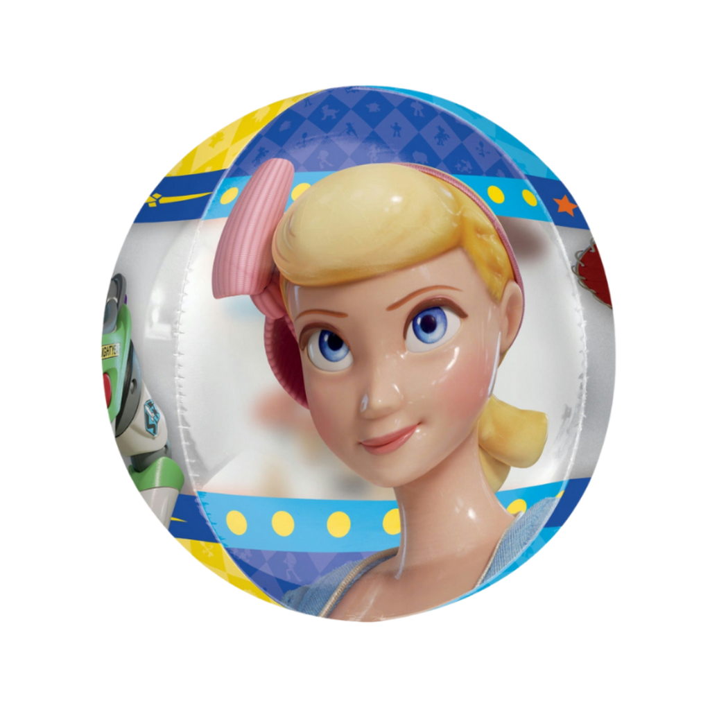 Blue and yellow Toy Story balloon with Bo Peep and Buzz Lightyear birthday theme from Parte Haus party supply store in Bethesda MD
