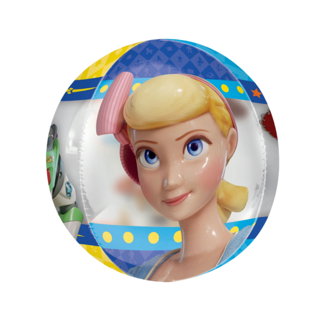 Blue and yellow Toy Story balloon with Bo Peep and Buzz Lightyear birthday theme from Parte Haus party supply store in Bethesda MD