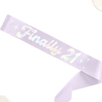 Pastel lavender sash with Finally 21 lettering birthday accessory from Parte Haus party supply store in Bethesda MD.
