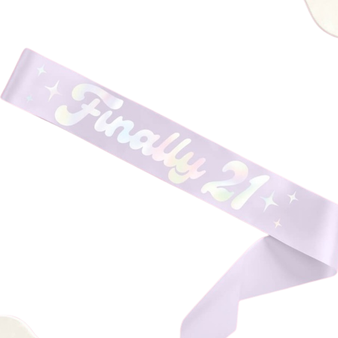 Pastel lavender sash with Finally 21 lettering birthday accessory from Parte Haus party supply store in Bethesda MD.
