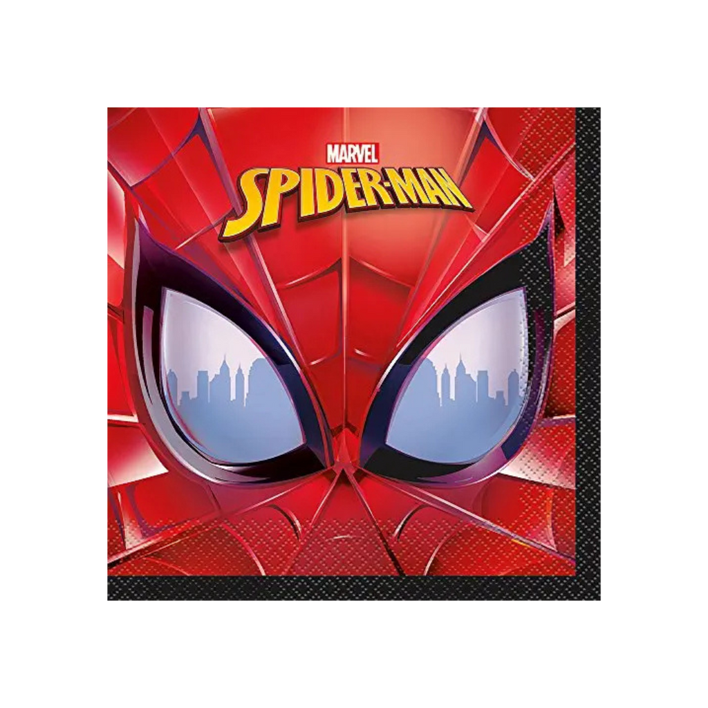 Red Spider-Man napkin with face and city skyline for superhero birthday from Parte Haus party supply store in Bethesda MD