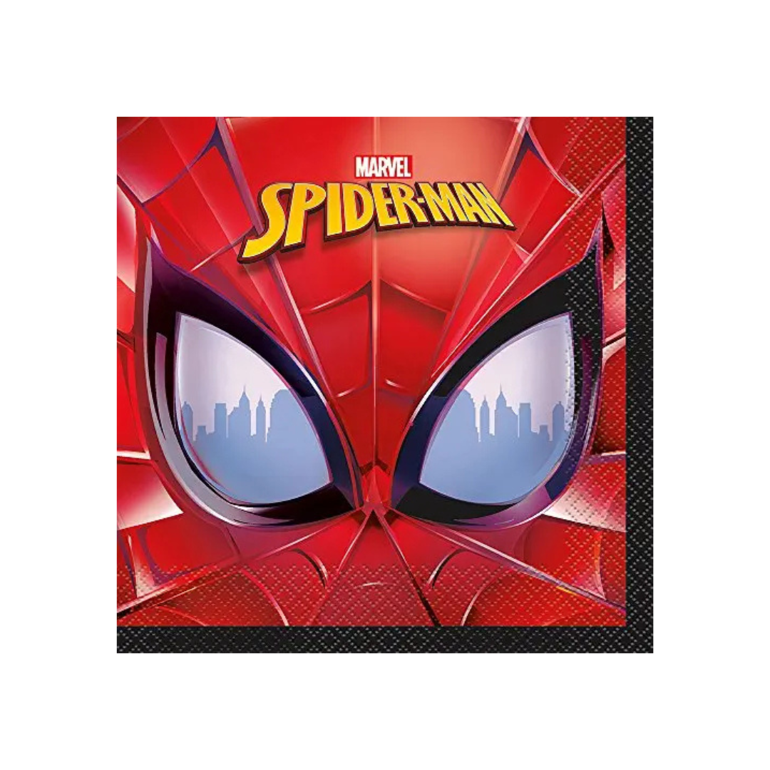 Red Spider-Man napkin with face and city skyline for superhero birthday from Parte Haus party supply store in Bethesda MD