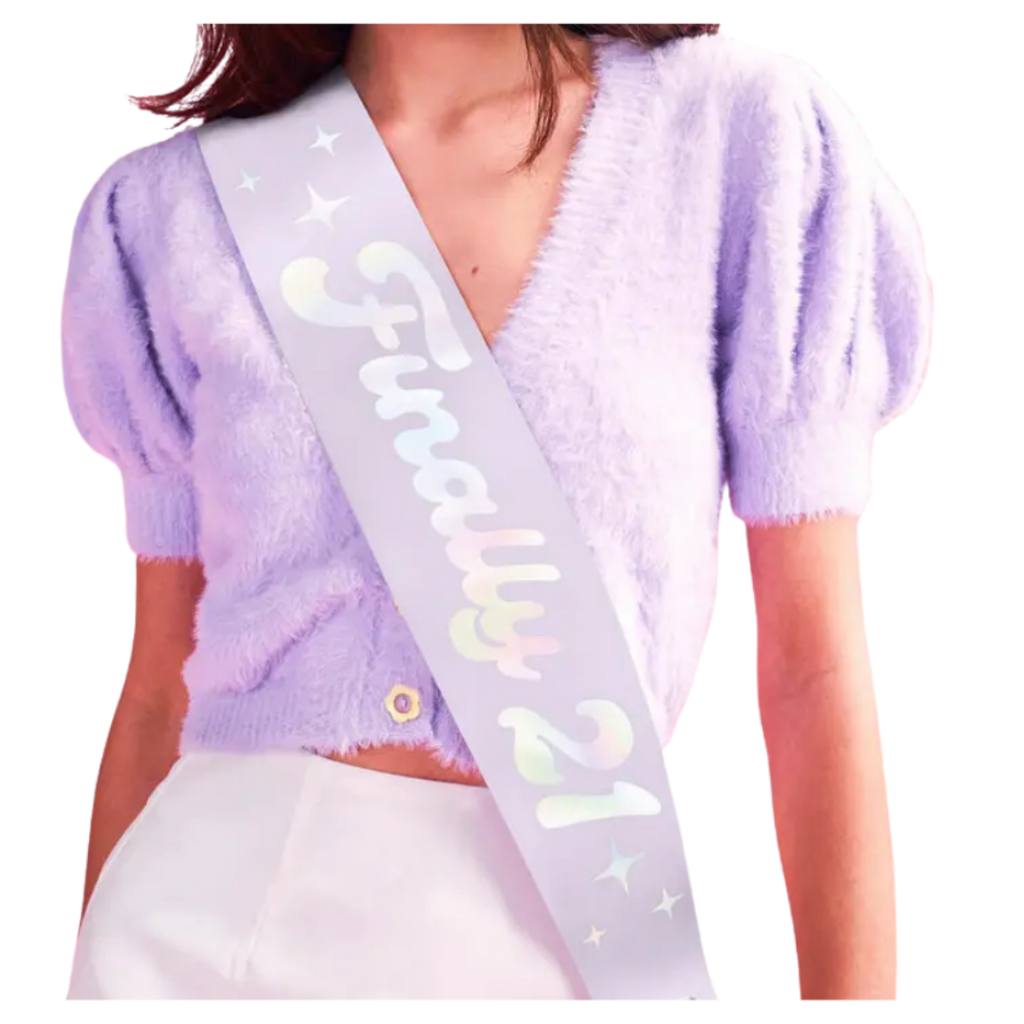 Pastel purple Finally 21 sash for birthday celebration from Parte Haus party supply store in Bethesda Maryland