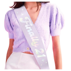 Pastel purple Finally 21 sash for birthday celebration from Parte Haus party supply store in Bethesda Maryland