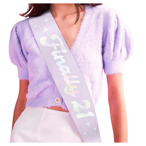 Pastel purple Finally 21 sash for birthday celebration from Parte Haus party supply store in Bethesda Maryland