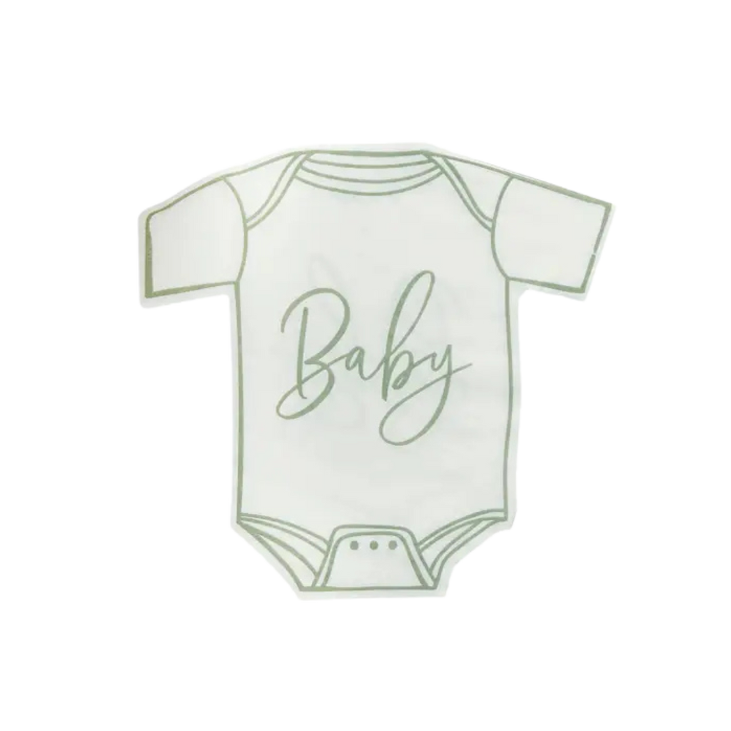 White baby onesie shaped plate with green Baby text for baby shower from Parte Haus party supply store in Bethesda MD