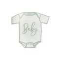 White baby onesie shaped plate with green Baby text for baby shower from Parte Haus party supply store in Bethesda MD