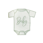 White baby onesie shaped plate with green Baby text for baby shower from Parte Haus party supply store in Bethesda MD