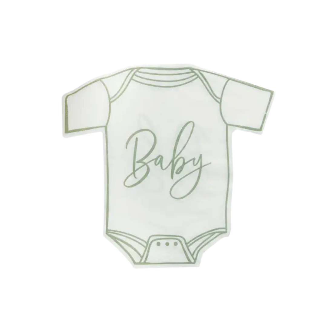 White baby onesie shaped plate with green Baby text for baby shower from Parte Haus party supply store in Bethesda MD