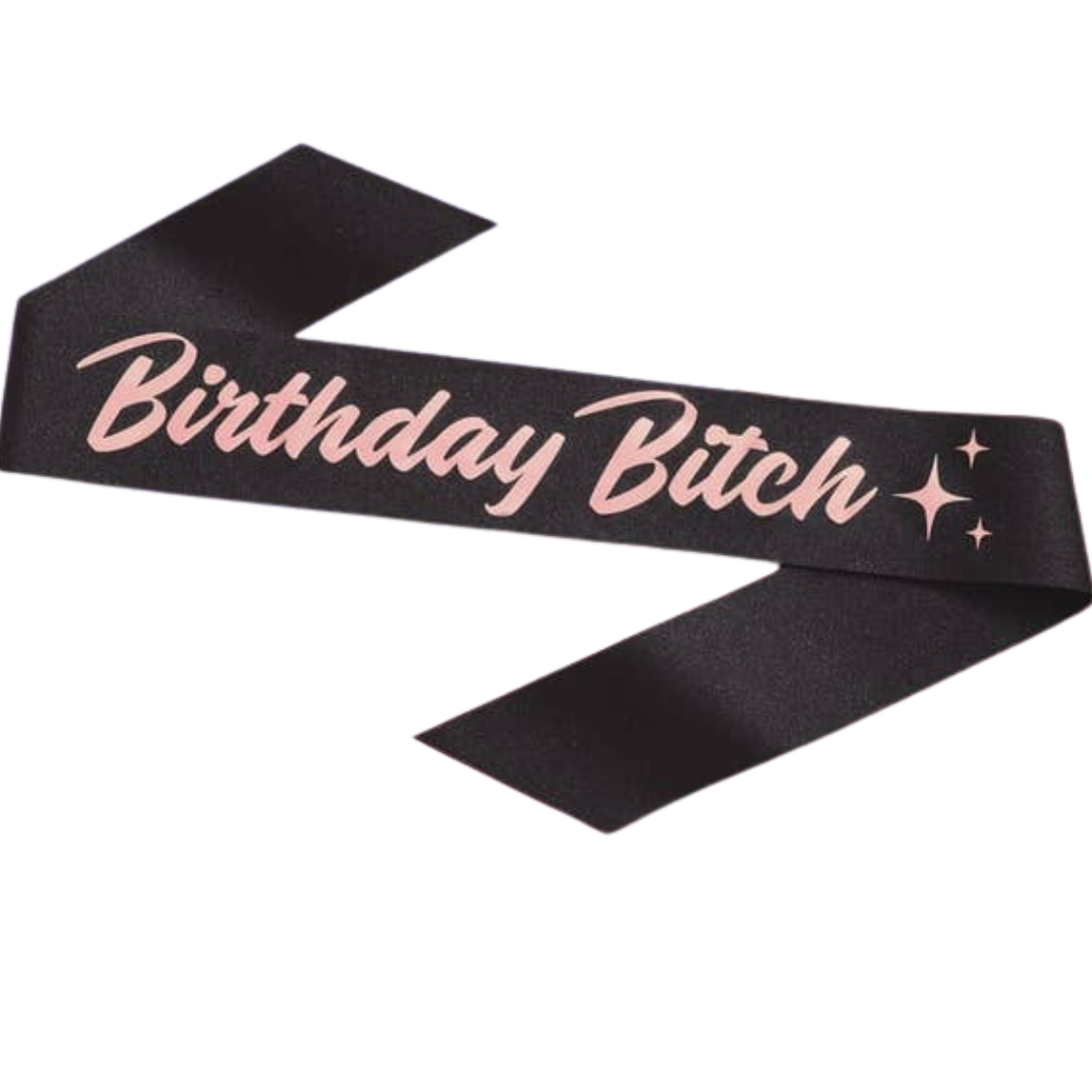 Black birthday sash with pink script and stars for birthday celebration from Parte Haus party supply store in Bethesda MD