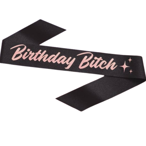 Black birthday sash with pink script and stars for birthday celebration from Parte Haus party supply store in Bethesda MD
