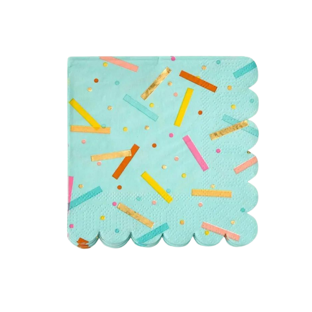 Blue confetti napkin with scalloped edges birthday theme from Parte Haus party supply store in Bethesda MD