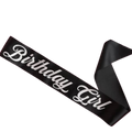 Black birthday girl sash with white script text birthday celebration from Parte Haus party supply store in Bethesda MD