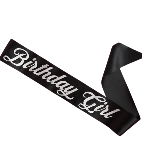 Black birthday girl sash with white script text birthday celebration from Parte Haus party supply store in Bethesda MD