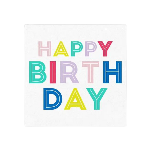 Multicolor happy birthday napkin with bold block letters birthday theme from Parte Haus party supply store in Bethesda MD.