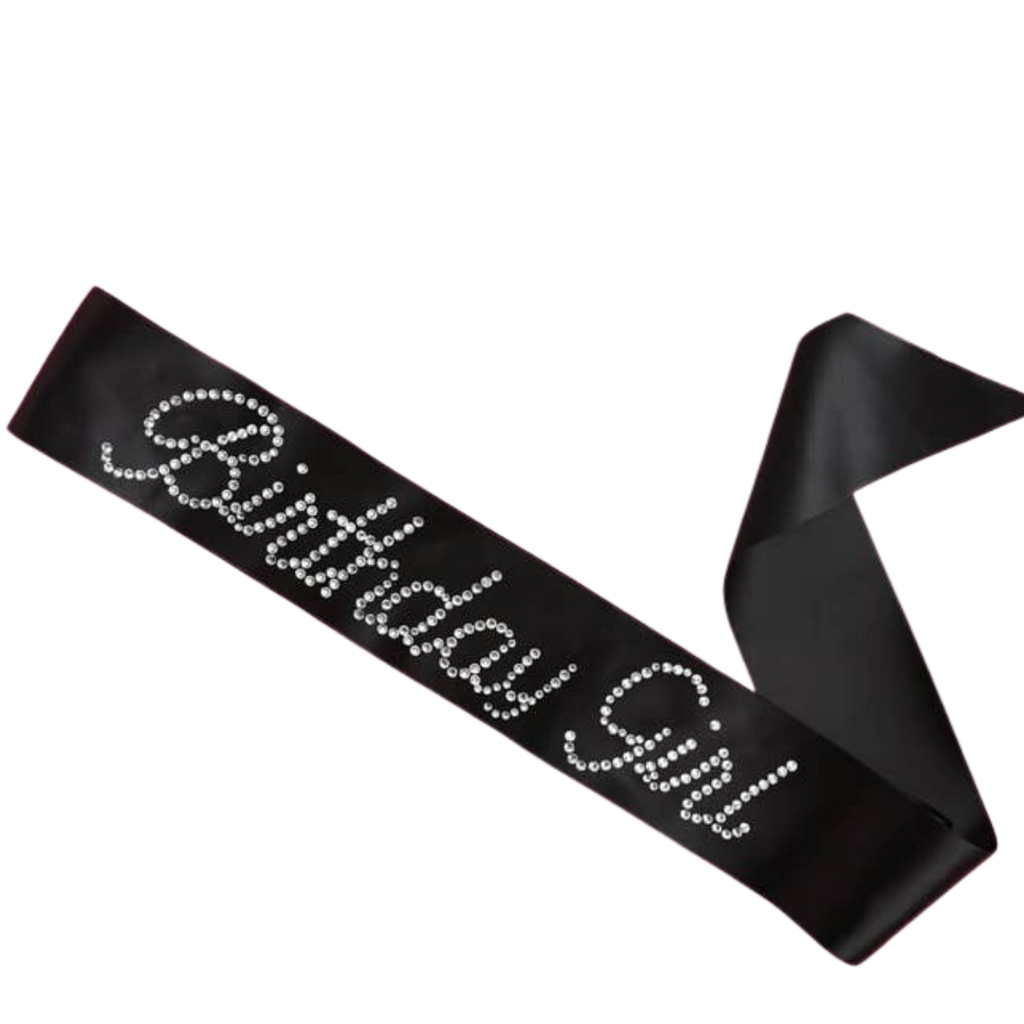 Black birthday girl sash with rhinestone letters for birthday from Parte Haus party supply store in Bethesda Maryland