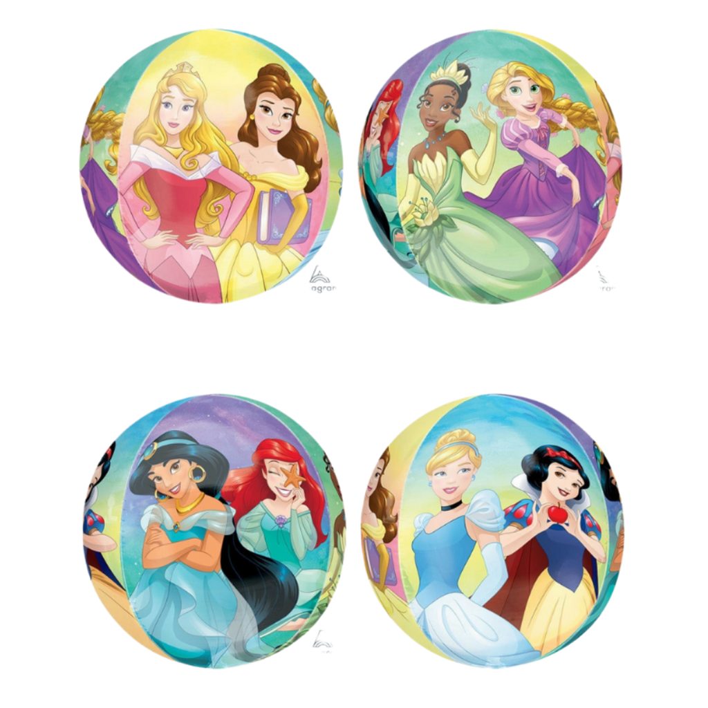 Colorful princess themed round balloons featuring animated princesses for birthday from Parte Haus party supply store in Bethesda MD.