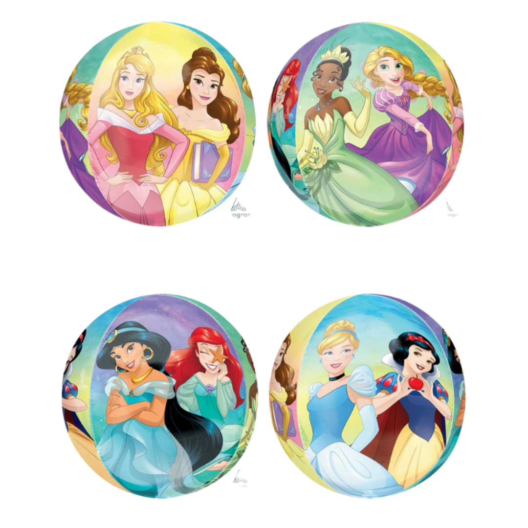 Colorful princess themed round balloons featuring animated princesses for birthday from Parte Haus party supply store in Bethesda MD.