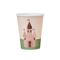 Pink castle paper cup with floral castle illustration princess birthday from Parte Haus party supply store in Bethesda MD