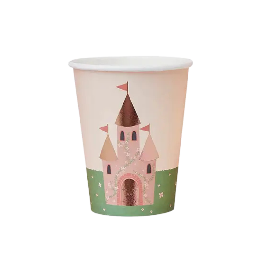 Pink castle paper cup with floral castle illustration princess birthday from Parte Haus party supply store in Bethesda MD