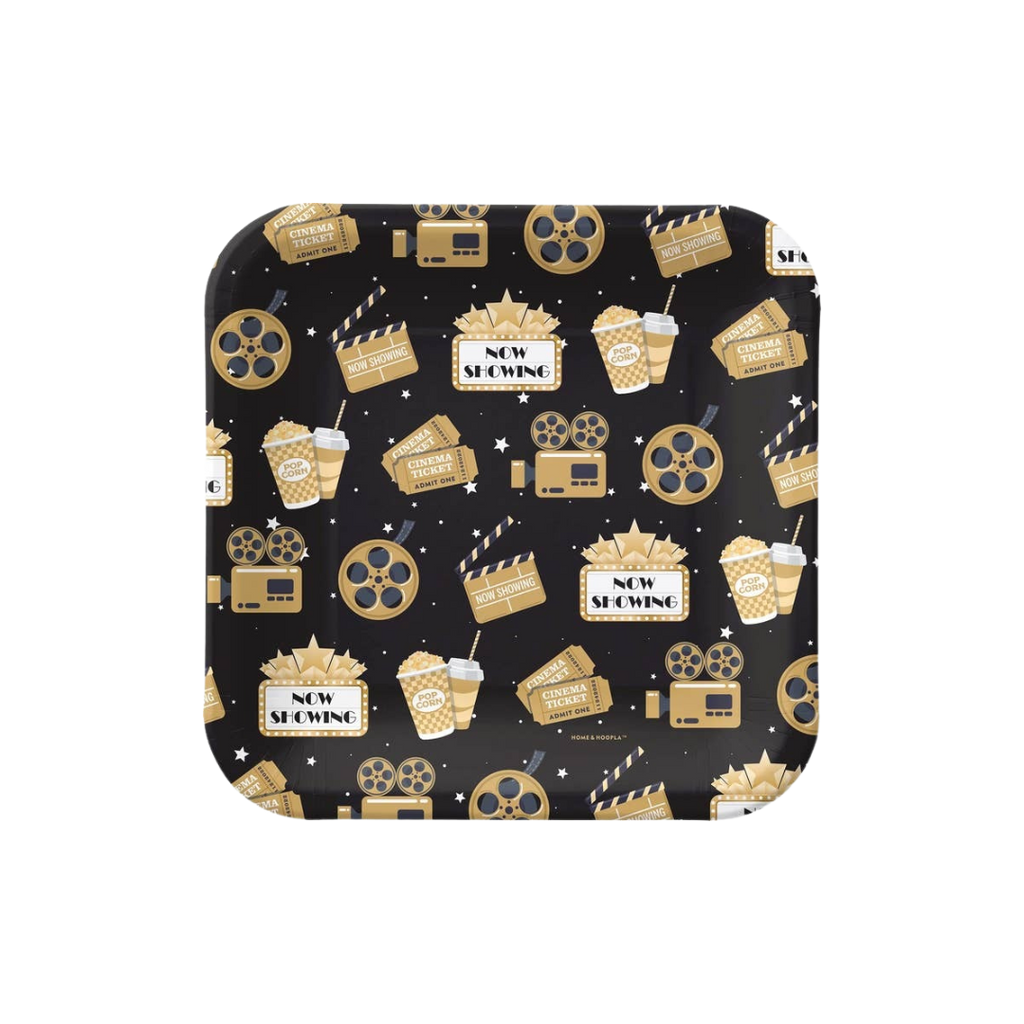 Black gold movie night square paper plate with film reels popcorn and drinks from Parte Haus party supply store in Bethesda MD