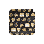 Black gold movie night square paper plate with film reels popcorn and drinks from Parte Haus party supply store in Bethesda MD