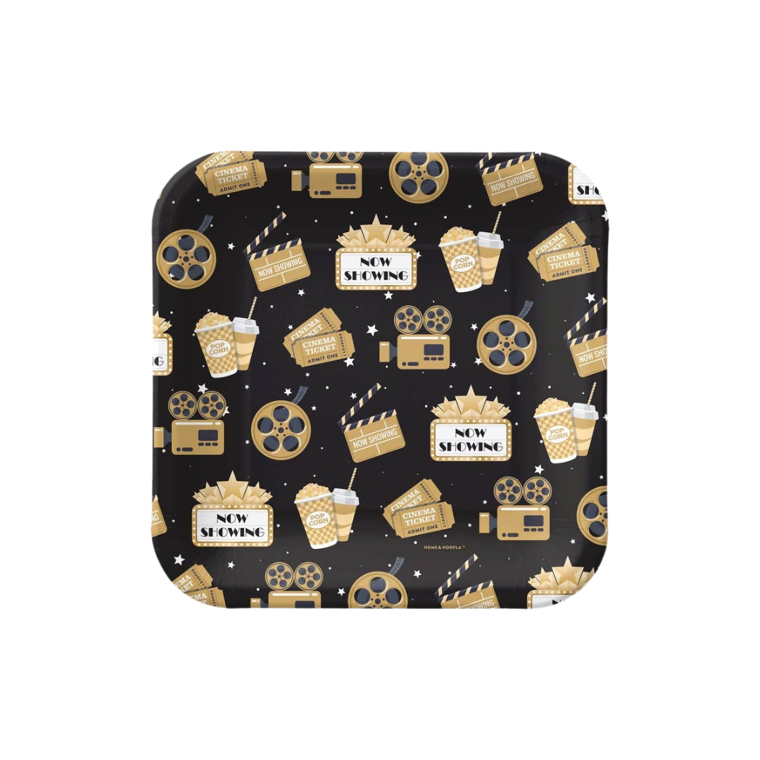 Black gold movie night square paper plate with film reels popcorn and drinks from Parte Haus party supply store in Bethesda MD