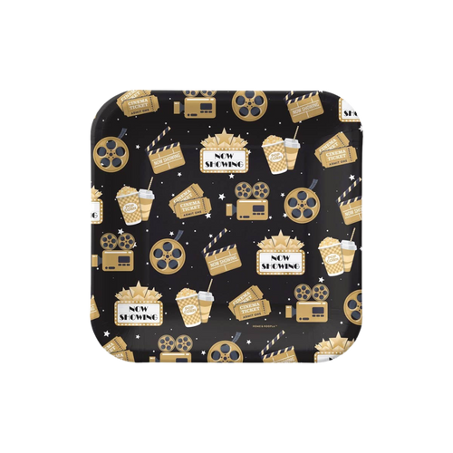 Black gold movie night square paper plate with film reels popcorn and drinks from Parte Haus party supply store in Bethesda MD