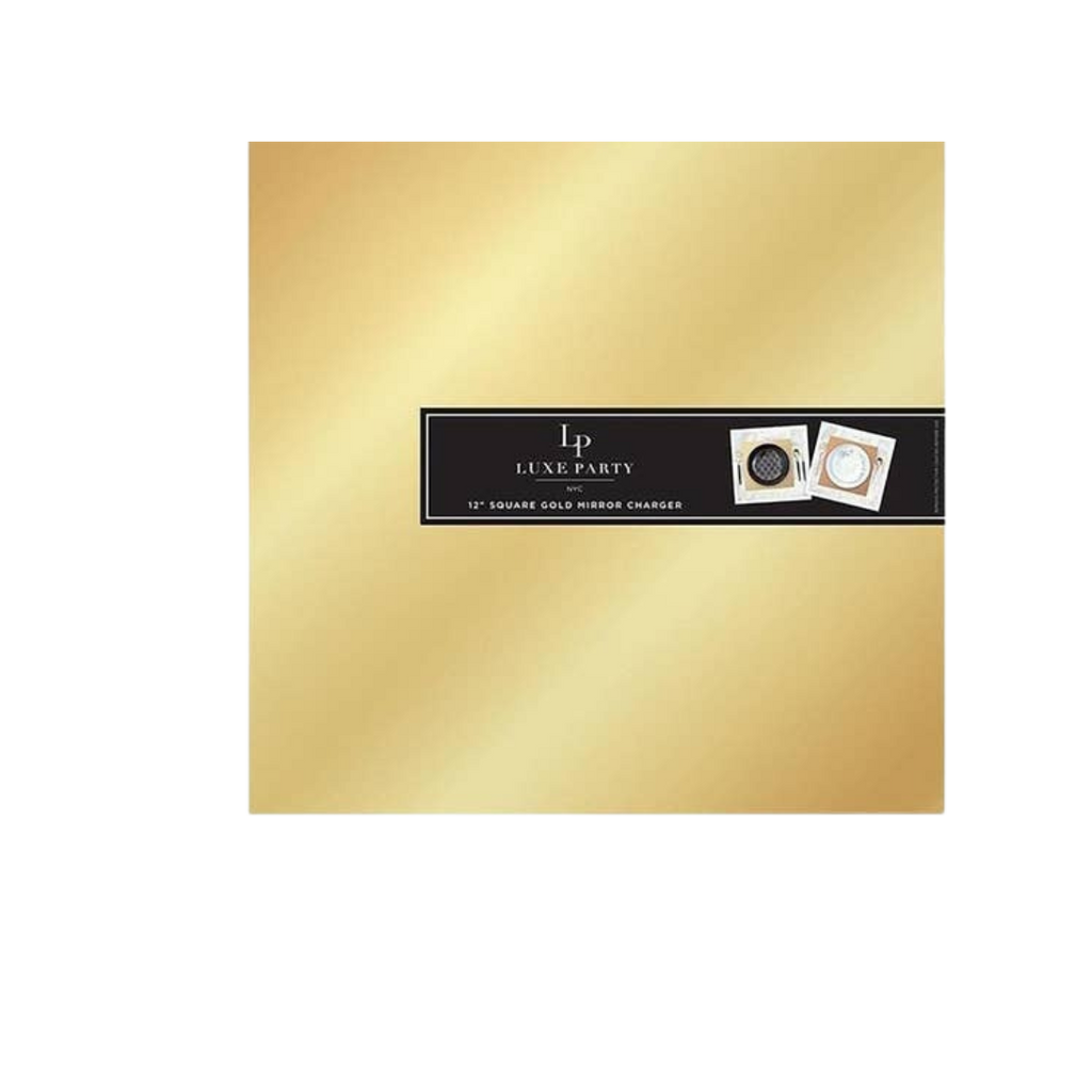 Gold square charger plate with reflective finish elegant table setting from Parte Haus party supply store in Bethesda MD.