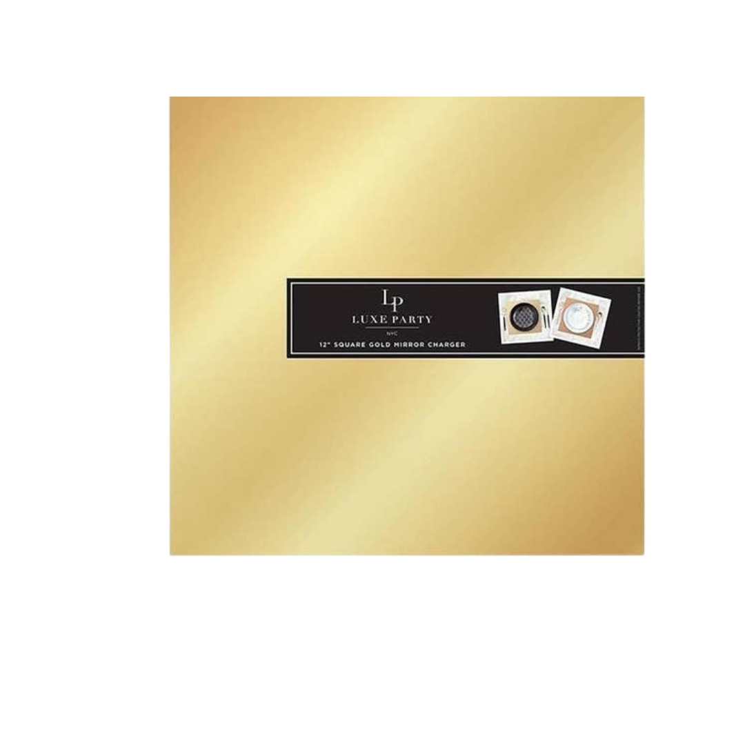 Gold square charger plate with reflective finish elegant table setting from Parte Haus party supply store in Bethesda MD.