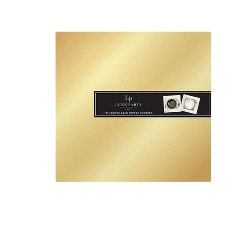Gold square charger plate with reflective finish elegant table setting from Parte Haus party supply store in Bethesda MD.