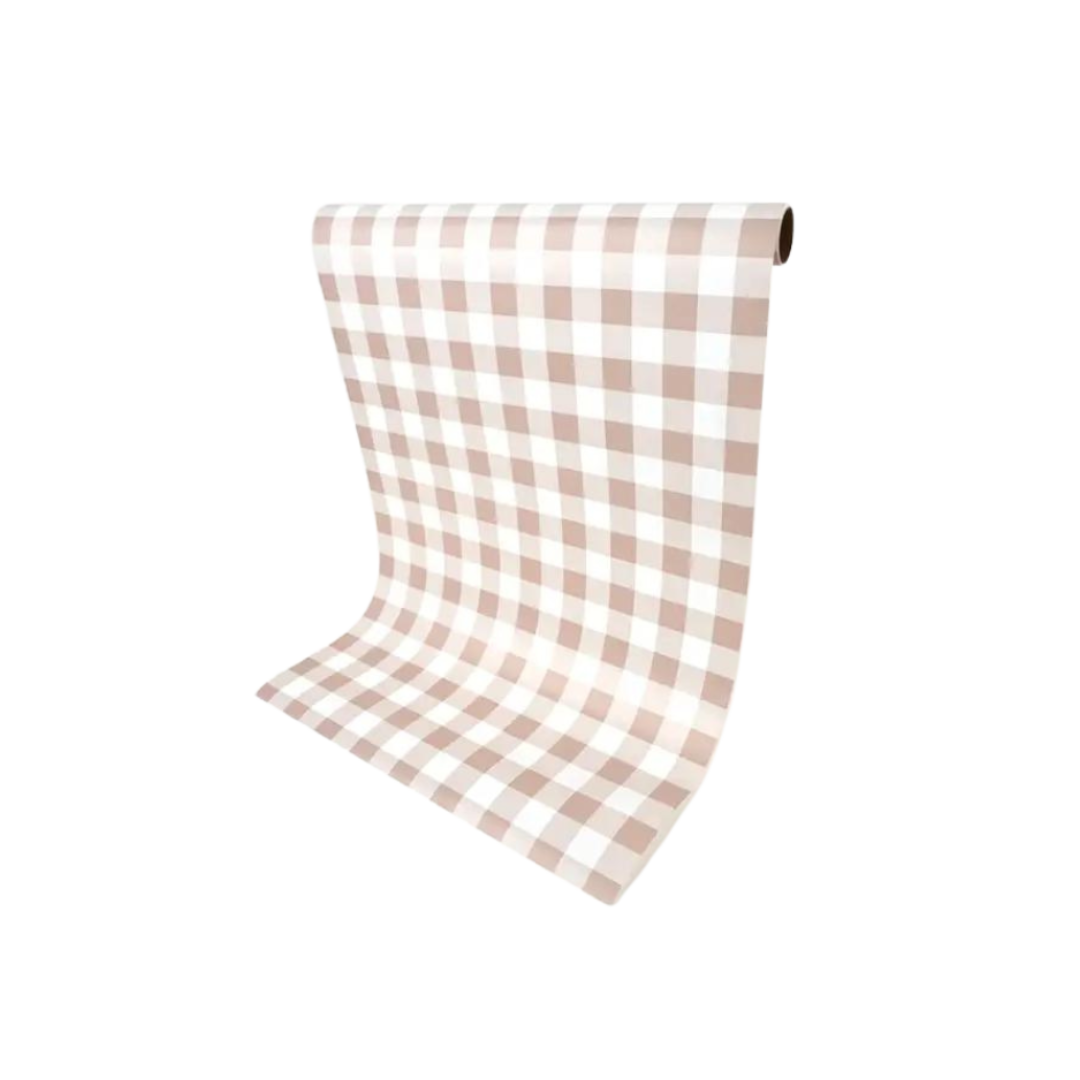 Blush gingham table cover with checkered pattern picnic theme from Parte Haus party supply store in Bethesda MD